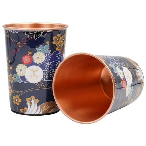 MERCAPE® 100% Pure Copper Glasses Set of 2 | Designer Meena Print | 300ml Each | Ayurvedic Benefits | Handmade Copper Tumblers for Daily Use & Gifting (Multiple Designs) (Pastel Floral Design) - Image 1