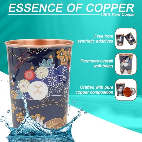 MERCAPE® 100% Pure Copper Glasses Set of 2 | Designer Meena Print | 300ml Each | Ayurvedic Benefits | Handmade Copper Tumblers for Daily Use & Gifting (Multiple Designs) (Pastel Floral Design) - Image 3