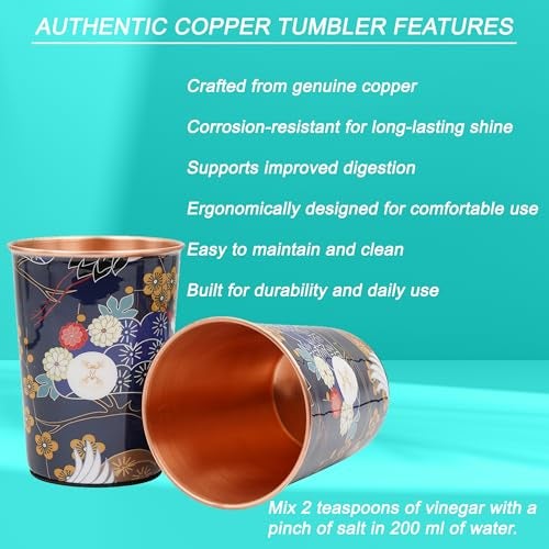MERCAPE® 100% Pure Copper Glasses Set of 2 | Designer Meena Print | 300ml Each | Ayurvedic Benefits | Handmade Copper Tumblers for Daily Use & Gifting (Multiple Designs) (Pastel Floral Design) - Image 5