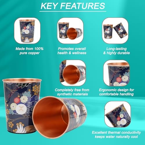 MERCAPE® 100% Pure Copper Glasses Set of 2 | Designer Meena Print | 300ml Each | Ayurvedic Benefits | Handmade Copper Tumblers for Daily Use & Gifting (Multiple Designs) (Pastel Floral Design) - Image 4