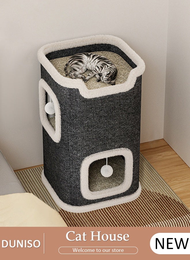 DUNISO بيت قطط للقطط الداخلية، سرير قطة كوندو، نافذة دائرية، سرير قطط مكون من 3 طبقات مع وسادة خدش ومكعب مخفي، سرير قطط كبير مغلق لعائلة متعددة القطط - Image 1