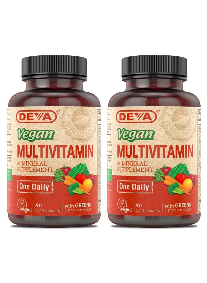 Deva Vegan Iron-Free Multivitamin & Mineral Supplement 2-Pack, Spirulina, Chlorella, Ashwagandha, Broccoli & More, 90 Coated Tablets Each - Image 1