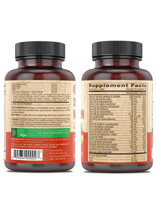 Deva Vegan Iron-Free Multivitamin & Mineral Supplement 2-Pack, Spirulina, Chlorella, Ashwagandha, Broccoli & More, 90 Coated Tablets Each - Image 2