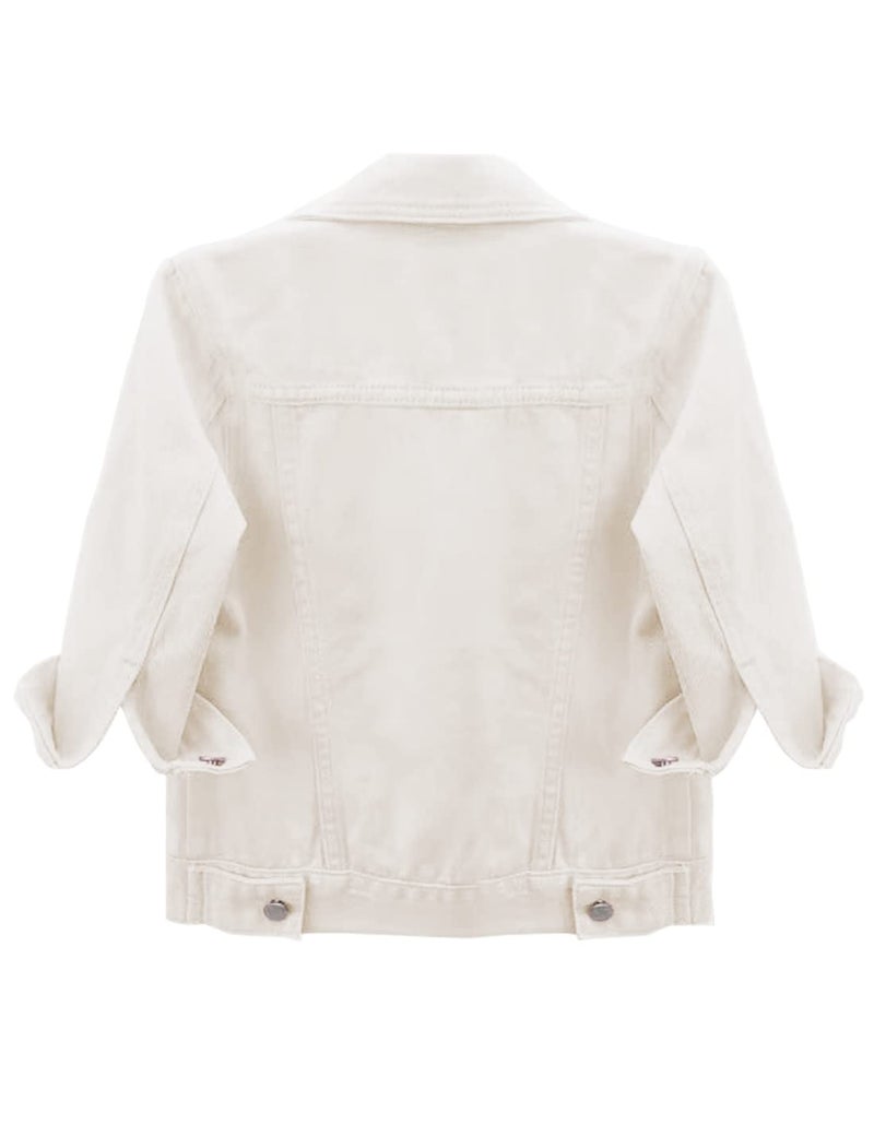 Locachy Womens 3/4 Sleeve Short Denim Jacket Lapel Button Down Cropped Trucker Jean Jackets Coats White S - Image 2