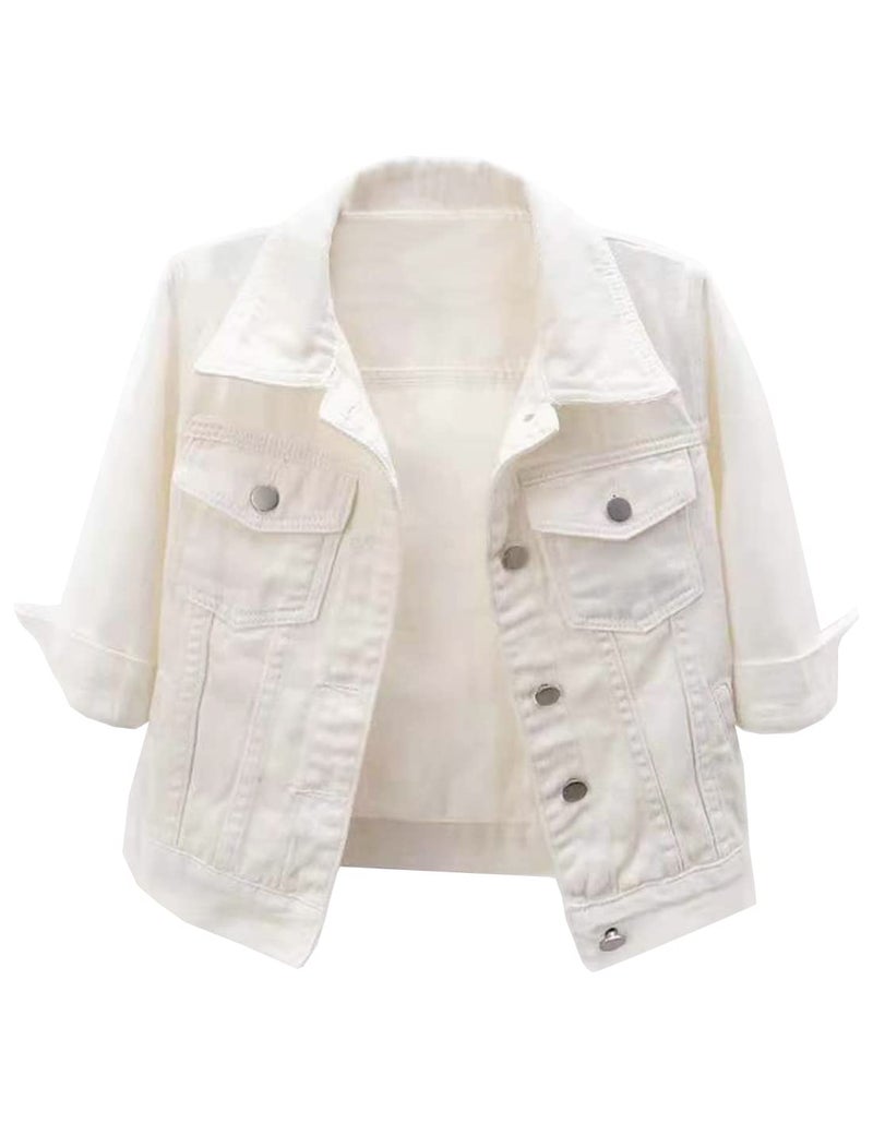 Locachy Womens 3/4 Sleeve Short Denim Jacket Lapel Button Down Cropped Trucker Jean Jackets Coats White S - Image 1