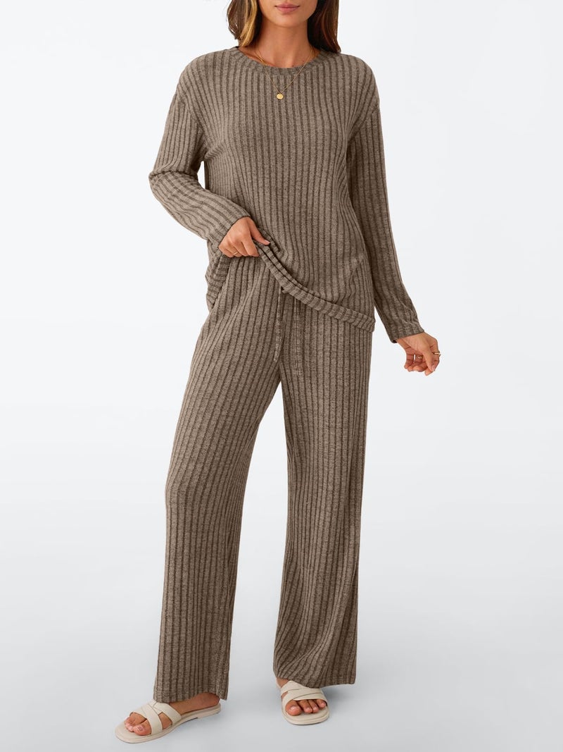 LILLUSORY Womens Lounge Sets 2 Piece Matching Pajamas Fall Fashion 2026 Ribbed Knit Outfits Long Sleeve Casual Sweatsuits Trendy Plus Size Sweaters Cute Sleep Wears Travel Soft Clothes Brown M - Image 2