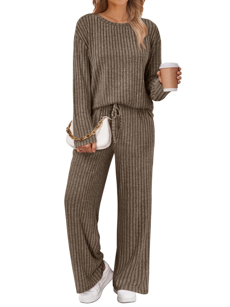 LILLUSORY Womens Lounge Sets 2 Piece Matching Pajamas Fall Fashion 2026 Ribbed Knit Outfits Long Sleeve Casual Sweatsuits Trendy Plus Size Sweaters Cute Sleep Wears Travel Soft Clothes Brown M - Image 1