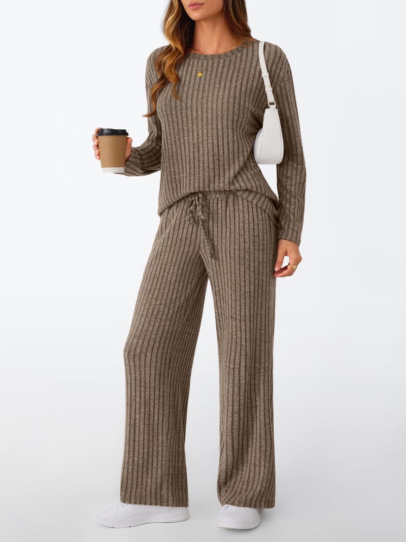 LILLUSORY Womens Lounge Sets 2 Piece Matching Pajamas Fall Fashion 2026 Ribbed Knit Outfits Long Sleeve Casual Sweatsuits Trendy Plus Size Sweaters Cute Sleep Wears Travel Soft Clothes Brown M - Image 3