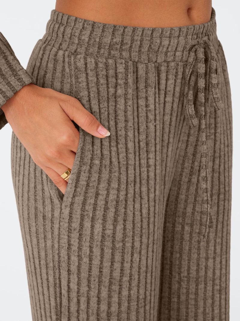 LILLUSORY Womens Lounge Sets 2 Piece Matching Pajamas Fall Fashion 2026 Ribbed Knit Outfits Long Sleeve Casual Sweatsuits Trendy Plus Size Sweaters Cute Sleep Wears Travel Soft Clothes Brown M - Image 5