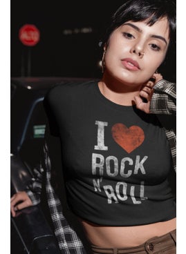 Fuddy Moda I Love Rock'n Roll Written Crop Top, Women's Rock Themed Crop Blouse  - Image 1