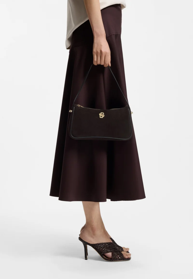 BOSS Dark Brown Suede shoulder bag with metallic Double B monogram for Women | Best Price UAE