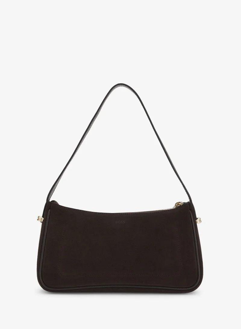 BOSS Dark Brown Suede shoulder bag with metallic Double B monogram for Women | Best Price UAE