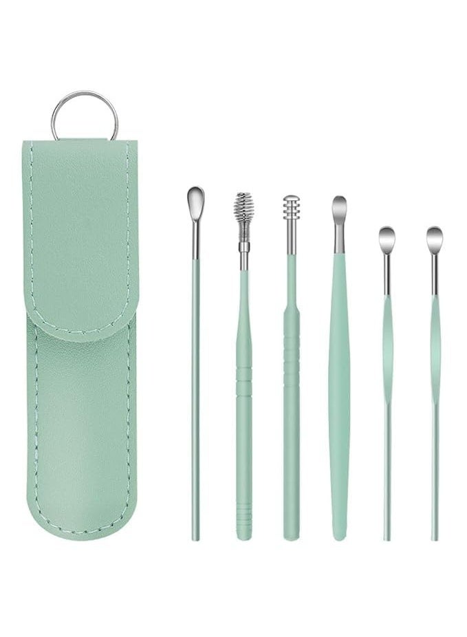 Flavoma Ear Wax Cleaner 6pcs | Resuable Ear Cleaner Tool Set with Storage Leather Pouch | Ear Wax Remover Tool Kit with Stainless Steel Ear Curette Cleaner and Spring Ear Buds Cleaner | Painless Ear Pick - 6 (green Color) - Image 1