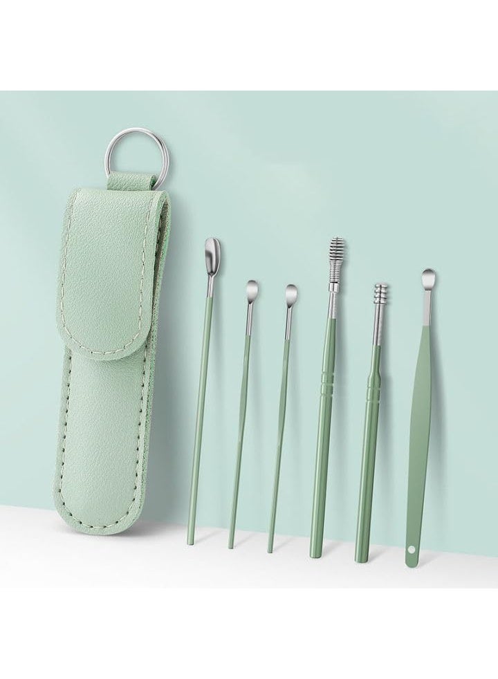 Flavoma Ear Wax Cleaner 6pcs | Resuable Ear Cleaner Tool Set with Storage Leather Pouch | Ear Wax Remover Tool Kit with Stainless Steel Ear Curette Cleaner and Spring Ear Buds Cleaner | Painless Ear Pick - 6 (green Color) - Image 4
