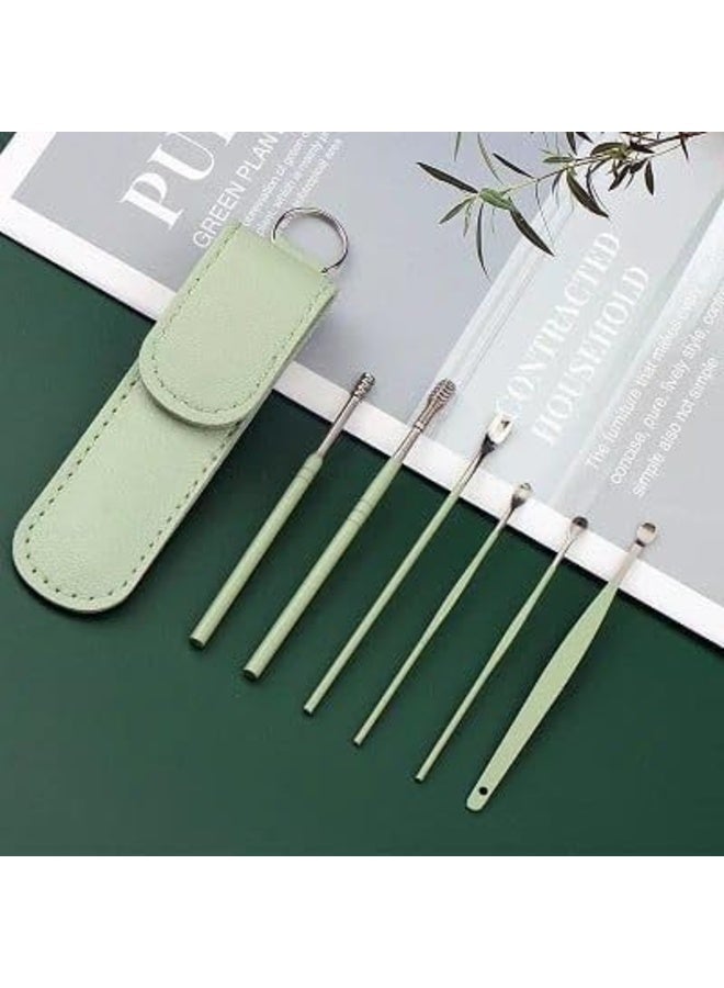 Flavoma Ear Wax Cleaner 6pcs | Resuable Ear Cleaner Tool Set with Storage Leather Pouch | Ear Wax Remover Tool Kit with Stainless Steel Ear Curette Cleaner and Spring Ear Buds Cleaner | Painless Ear Pick - 6 (green Color) - Image 3