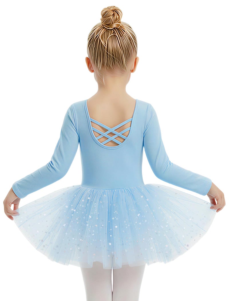 Gogokids Long Sleeve Ballet Leotards for Girls Crisscross Back Dance Outfit with Shiny Skirt Leotard 7-8 Years Blue - Image 1