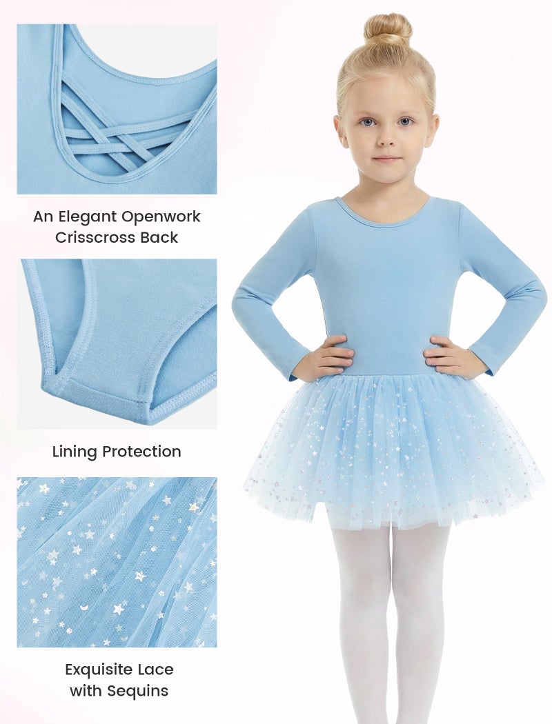Gogokids Long Sleeve Ballet Leotards for Girls Crisscross Back Dance Outfit with Shiny Skirt Leotard 7-8 Years Blue - Image 5
