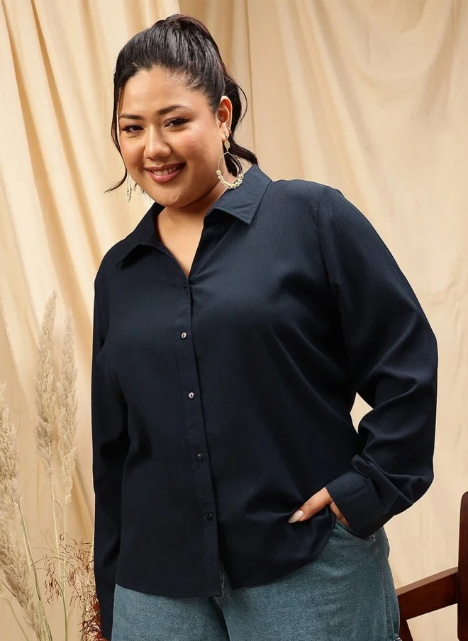 CURVY STREET Navy Blue Plus Size Casual Shirt for Women