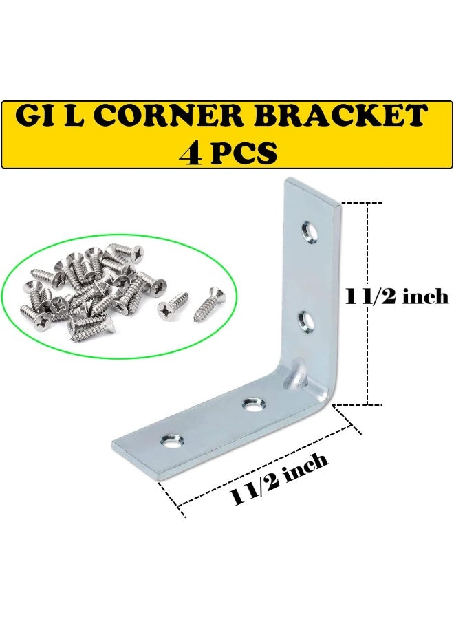 Poaker Galvanized L-Shaped Corner Bracket with Screws for Solid Shelf Support, Timber Joining, Fixing & Repair - Ideal for Furniture Reinforcement and Home DIY Projects (1 1/2 INCH, 4 PCS) - Image 2