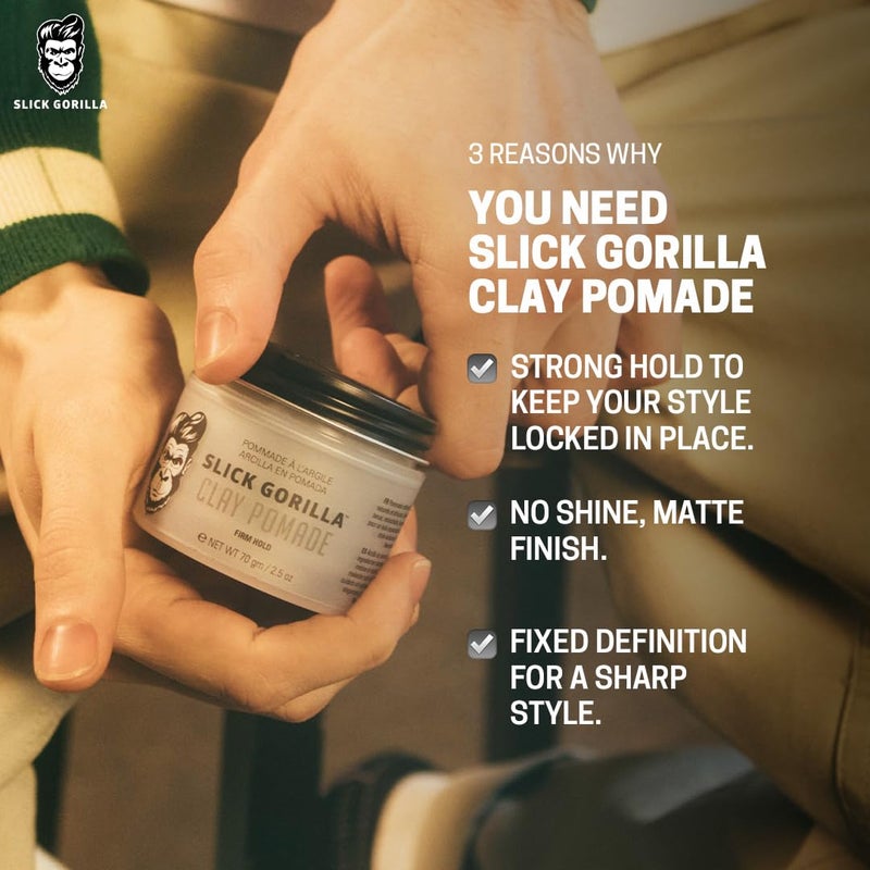 Slick Gorilla Clay Pomade for Men, 2.5 oz (75 ml), Firm Hold Hair Clay with Natural Matte Finish, Non-Greasy Menâ€™s Hair Pomade for Textured, Wavy & Thick Hair, Easy to Wash, No Flakes - Image 3
