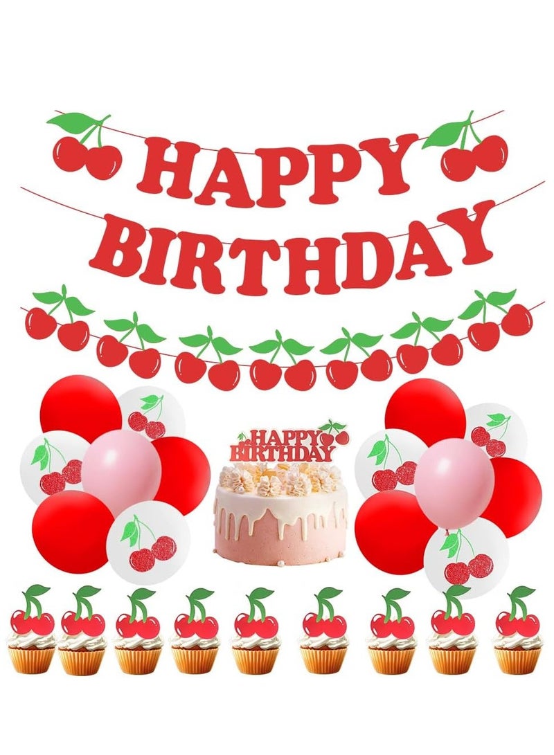 46Pcs Cherry Theme Birthday Party Decorations Set for Girls Red Glitter Happy Birthday Banner Cake Topper Cherry Theme Banner Garland Cupcake Toppers for Fruit Girls Cherry Birthday Party Decor - Image 1