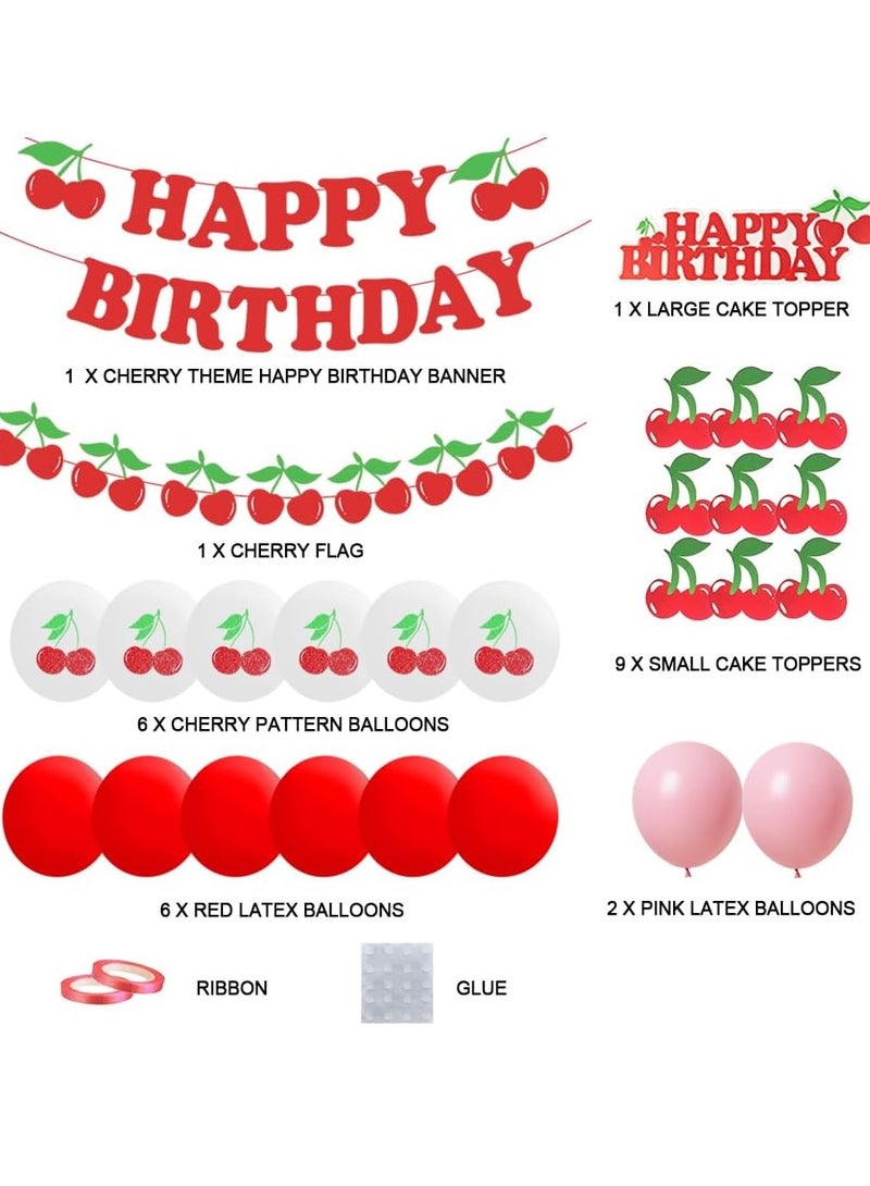 46Pcs Cherry Theme Birthday Party Decorations Set for Girls Red Glitter Happy Birthday Banner Cake Topper Cherry Theme Banner Garland Cupcake Toppers for Fruit Girls Cherry Birthday Party Decor - Image 2