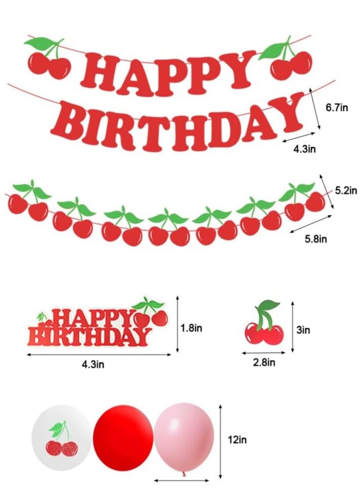 46Pcs Cherry Theme Birthday Party Decorations Set for Girls Red Glitter Happy Birthday Banner Cake Topper Cherry Theme Banner Garland Cupcake Toppers for Fruit Girls Cherry Birthday Party Decor - Image 3