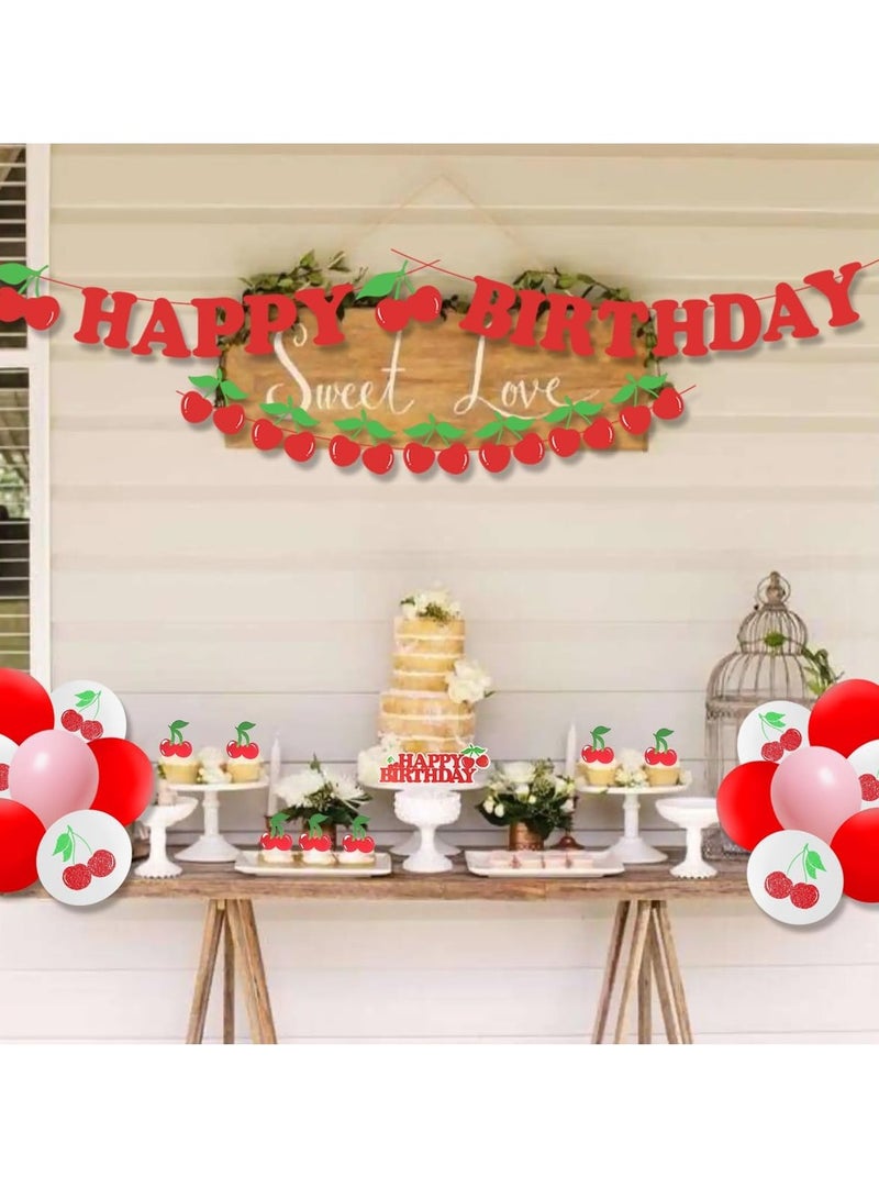 46Pcs Cherry Theme Birthday Party Decorations Set for Girls Red Glitter Happy Birthday Banner Cake Topper Cherry Theme Banner Garland Cupcake Toppers for Fruit Girls Cherry Birthday Party Decor - Image 4