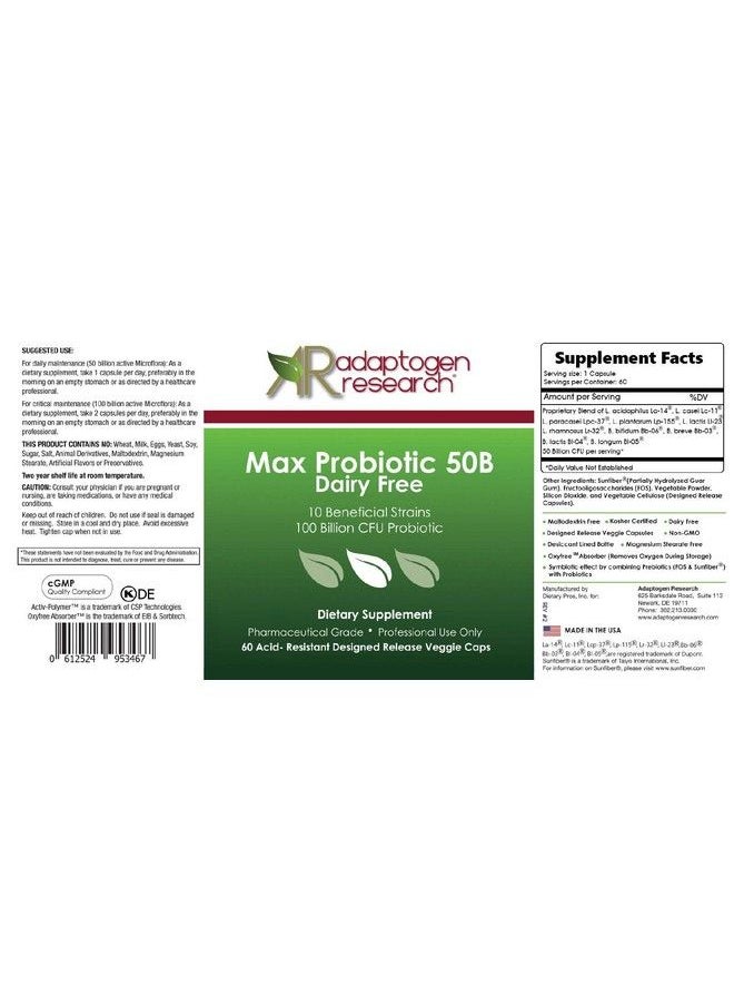 Max Probiotic 50 Billion Cfu With Prebiotics Sunfiber Fos; Digestive Immune Health Supplement ; No Refrigeration ; Delayed Release Formula; Multi Blend 10 Unique Strains ;60 Acid Resistant Veggiecap