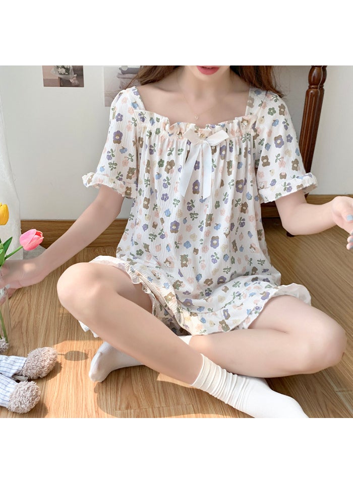 Generic - Summer Cotton Linen Short Sleeve Shorts Sweet Cute Casual Girl Loose Home Use Clothes Outdoor Home Hotel Bath Wedding Studio H5126# - Image 1