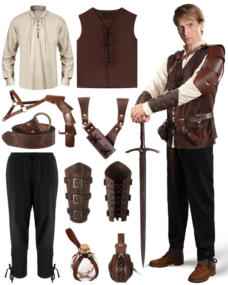 Silicherry 10 Pcs Men Renaissance Costume Set Medieval Pirate Shirt Vest Retro Pant Belt Pouch Shoulder Armor for Cosplay(Meadium) - Image 1