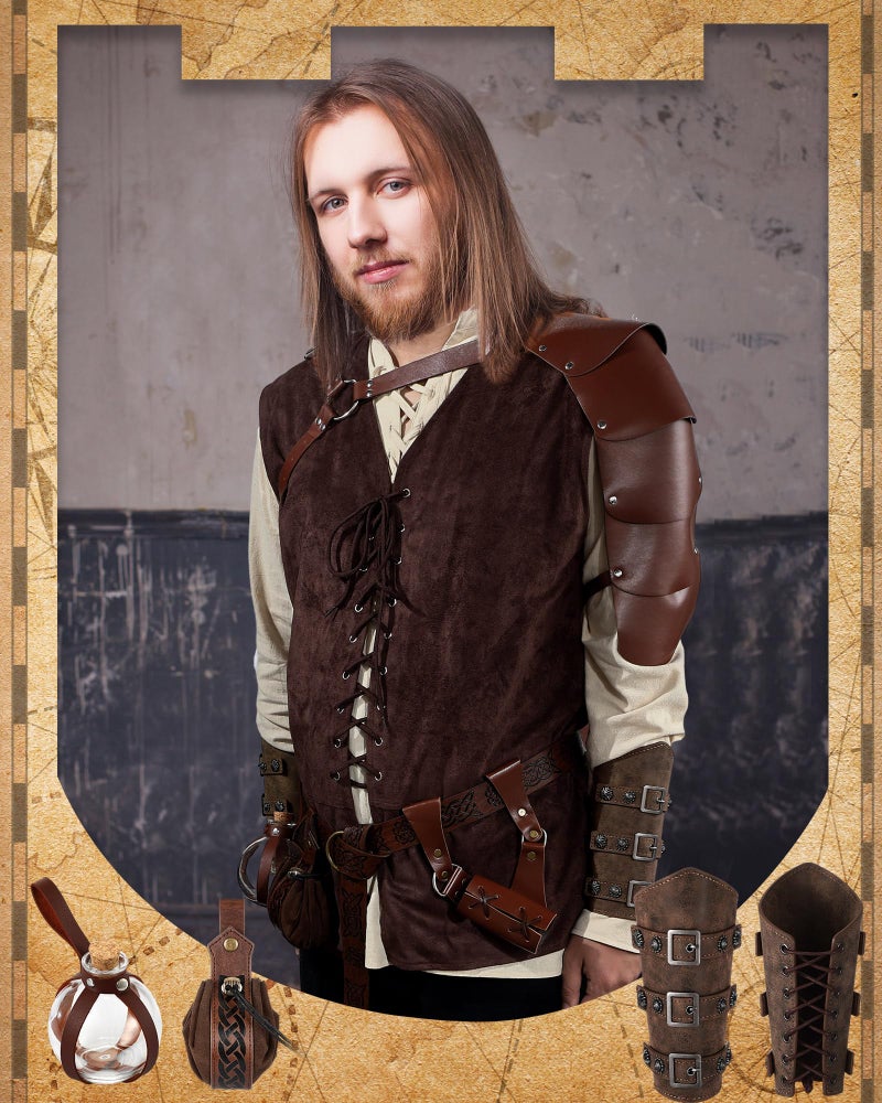 Silicherry 10 Pcs Men Renaissance Costume Set Medieval Pirate Shirt Vest Retro Pant Belt Pouch Shoulder Armor for Cosplay(Meadium) - Image 3
