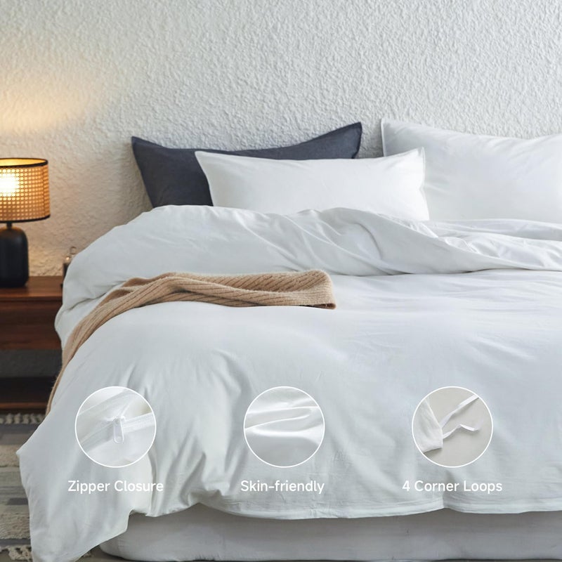 Simple&Opulence Duvet Cover Set 100% Washed Cotton Comfy Soft Breathable Cozy Textured Solid Color Comforter Cover for All Seasons Bedding Sets, White King 220x240cm - Image 3