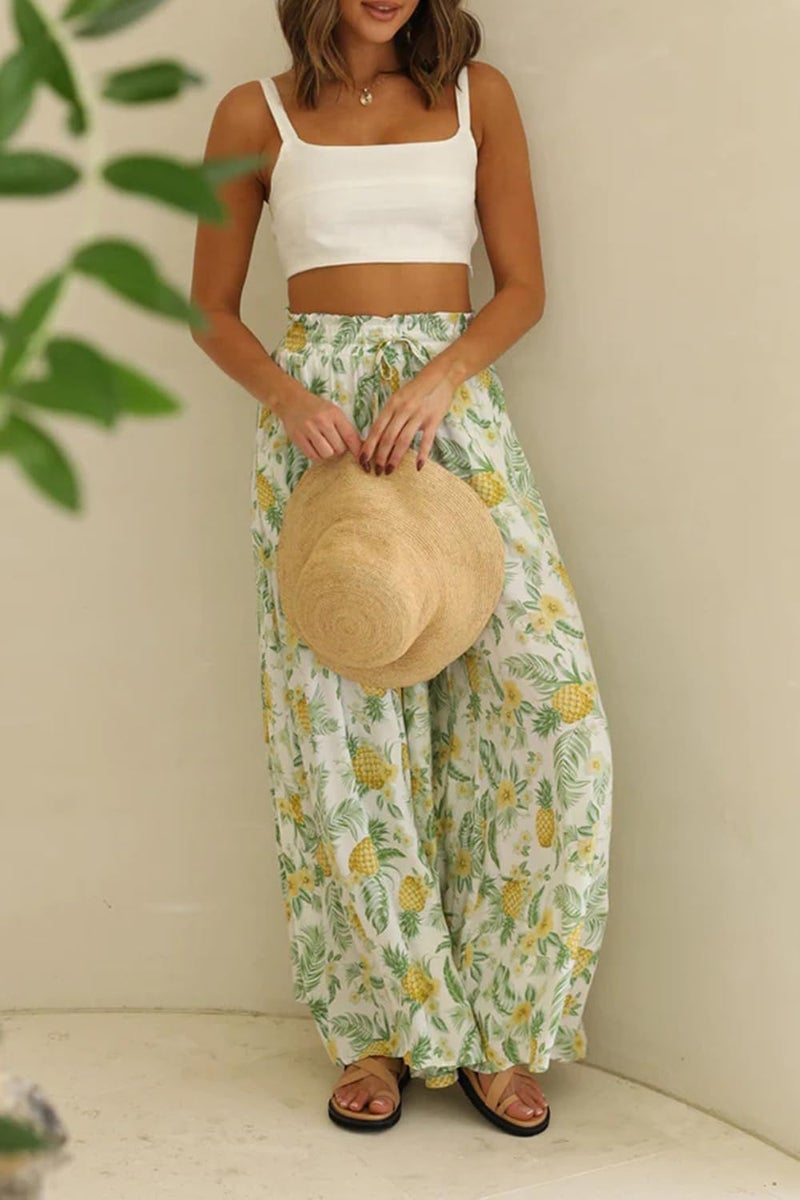 YOCUR Summer High Waisted Pants for Women Beach Vacation Wide Leg Pants Printed Loose Flowy Palazzo Lounge Trousers Yellow M - Image 4
