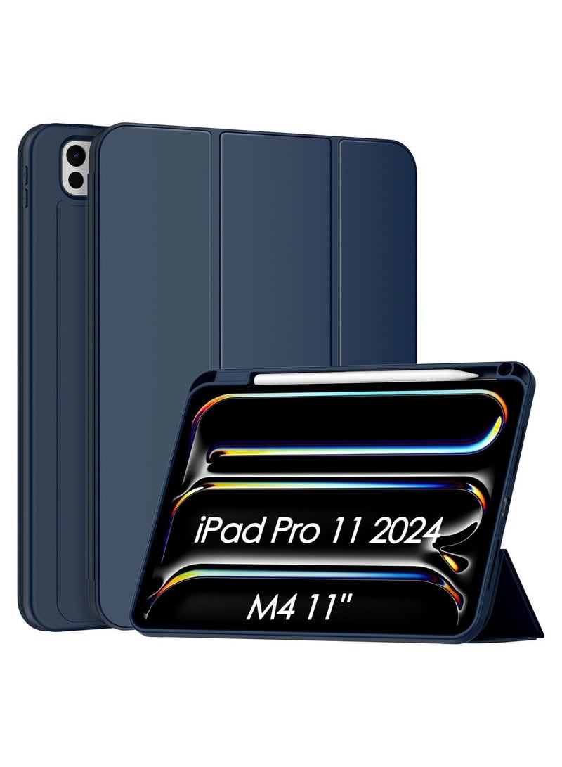 iPad Pro 11 Inch Case 2024 M4 with Pencil Holder, Trifold Stand with TPU Back Shockproof Case for iPad Pro 11 2024 Support Apple Pencil Pro/USB-C (Dark Blue) - Image 1