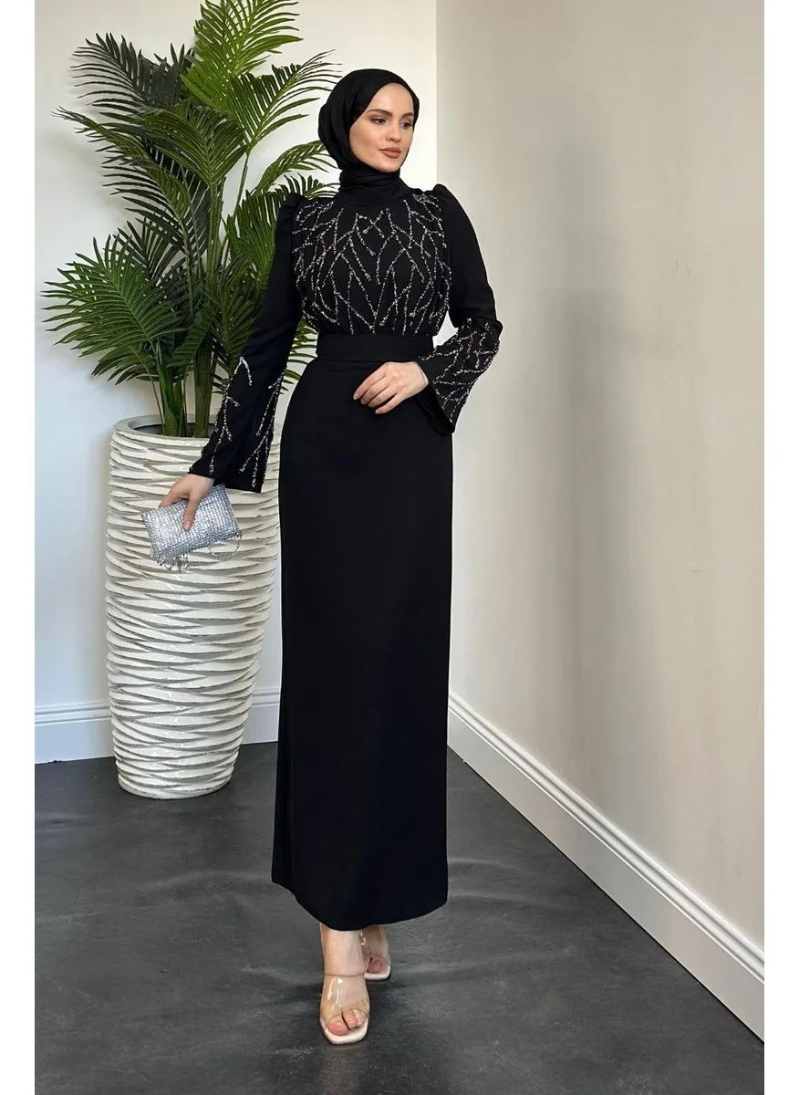 Merven Akyüz Anatolia Stone Crepe Evening Dress Black