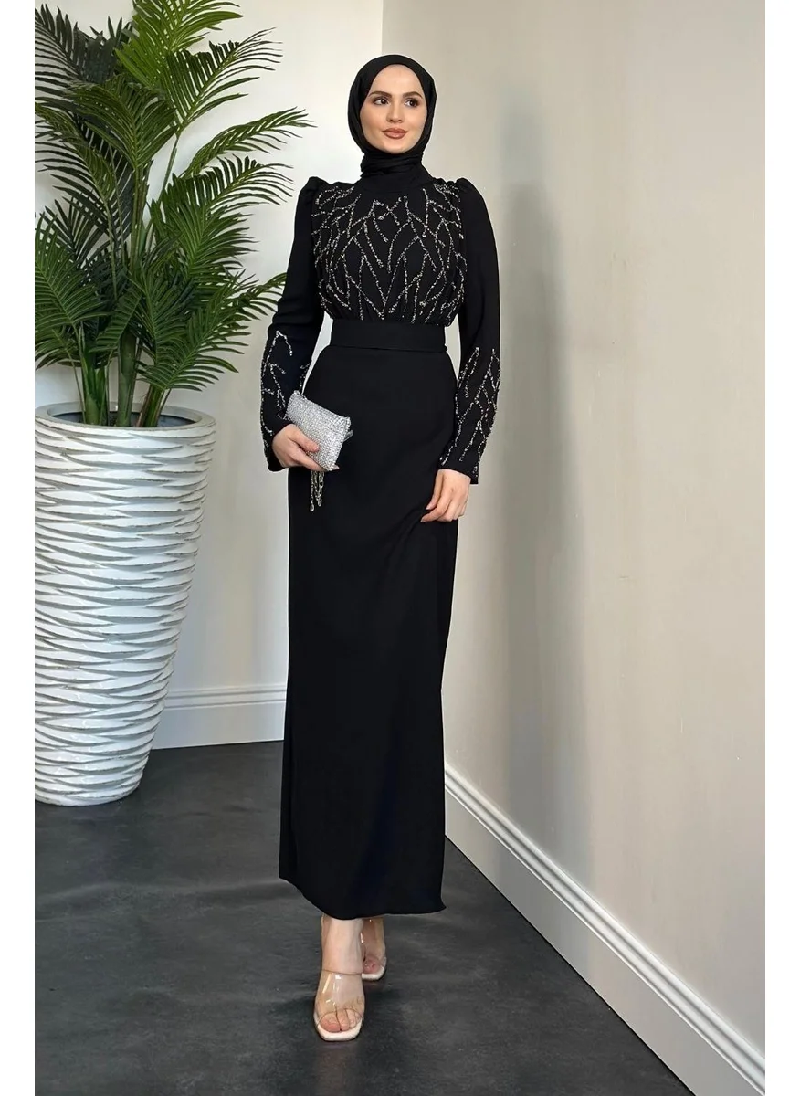 Merven Akyüz Anatolia Stone Crepe Evening Dress Black