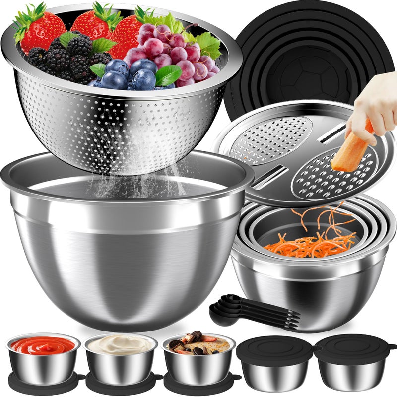 Nicdiet Mixing Bowls with Lids Set, 27Pcs Stainless Steel Nesting Mixing Bowls Set for Kitchen Cooking & Storage, Metal Salad Bowls with Colander, Strainer, Grater & Dressing Containers, Kitchen Gadgets Black - Image 1