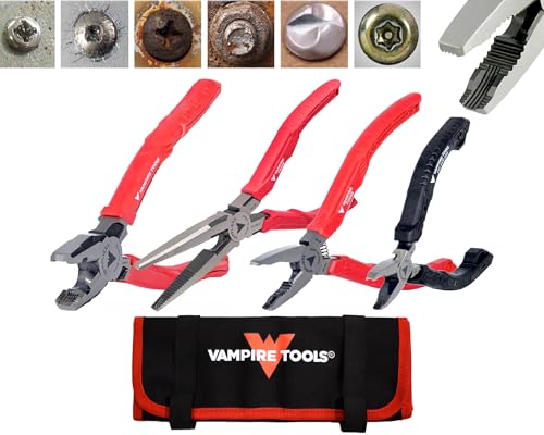 VAMPLIERS 4-PC Screw Extractor Pliers Set Made in Japan: 8" Linesman, 7.5" Long Nose, 6.25" Combination, 5" ESD Safe Mini Plier + Tool Pouch. Remove any Stripped/Damaged/Rusted Screws. - Image 1