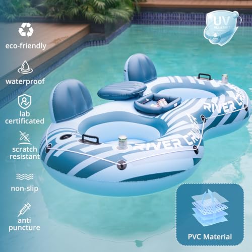 Sunrio 2025 New & Upgrade 2 Person Double River Tubes for Floating Heavy Duty Inflatable Floating Lounger Premium Water Rafts Pool Float Above Lake and River for Adults(Blue-White) - Image 4