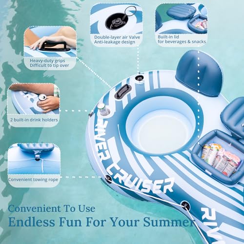 Sunrio 2025 New & Upgrade 2 Person Double River Tubes for Floating Heavy Duty Inflatable Floating Lounger Premium Water Rafts Pool Float Above Lake and River for Adults(Blue-White) - Image 3