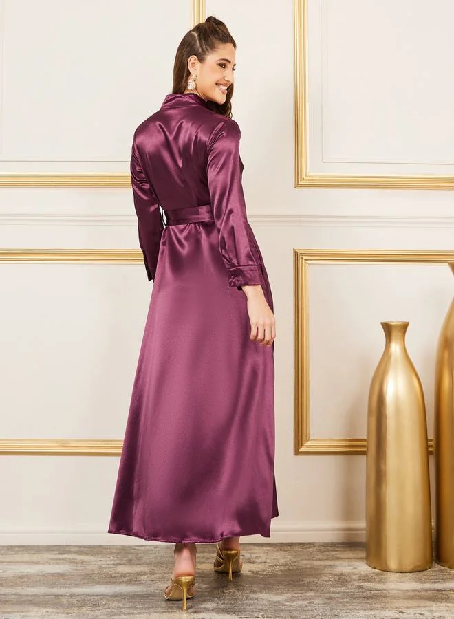Styli Satin Belted Midi Dress