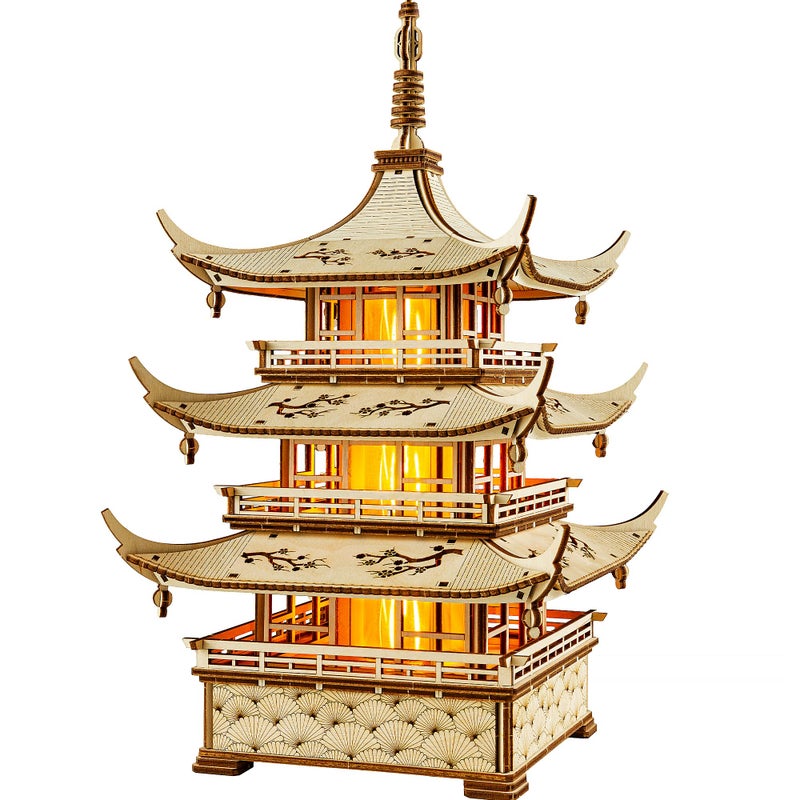 Wood Trick Harmony Tower Pagoda Temple LED 3D Wooden Puzzles for Adults to Build - Delicate Engravings - 2-Mode Lighting - Engineering DIY Project Mechanical 3D Puzzle Model Kits for Adults - Image 1