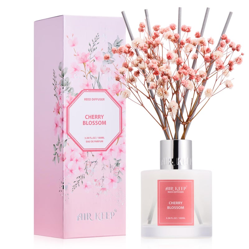 Airkeep Reed Diffuser Set, 3.38 fl oz (100 ml) - Cherry Blossom Oil Diffusers with 8 Reed Sticks, Home Fragrance Reed Diffuser for Bathroom Shelf Decor - Image 1