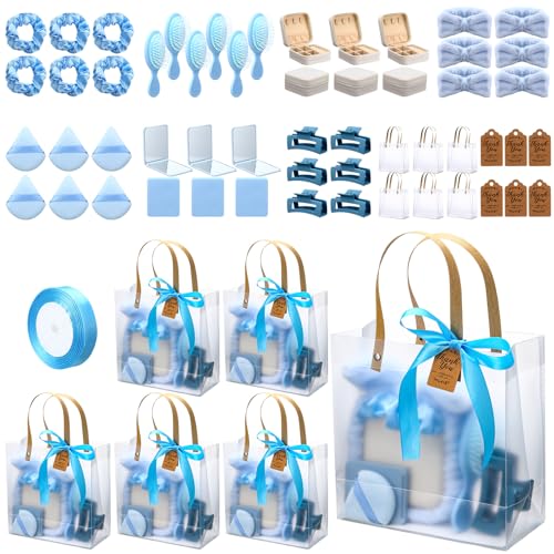 Knitgrip 55 Pcs Baby Shower Prizes for Winners Prizes Gifts Including Headband Hair Brush Jewelry Box Compact Mirror Powder Puff Hair Tie Claw Gift Bag for Baby Wedding Bridal Shower(Blue) - Image 1