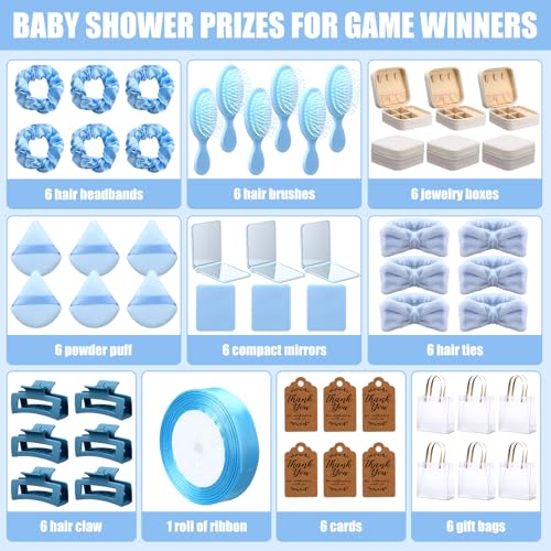 Knitgrip 55 Pcs Baby Shower Prizes for Winners Prizes Gifts Including Headband Hair Brush Jewelry Box Compact Mirror Powder Puff Hair Tie Claw Gift Bag for Baby Wedding Bridal Shower(Blue) - Image 2