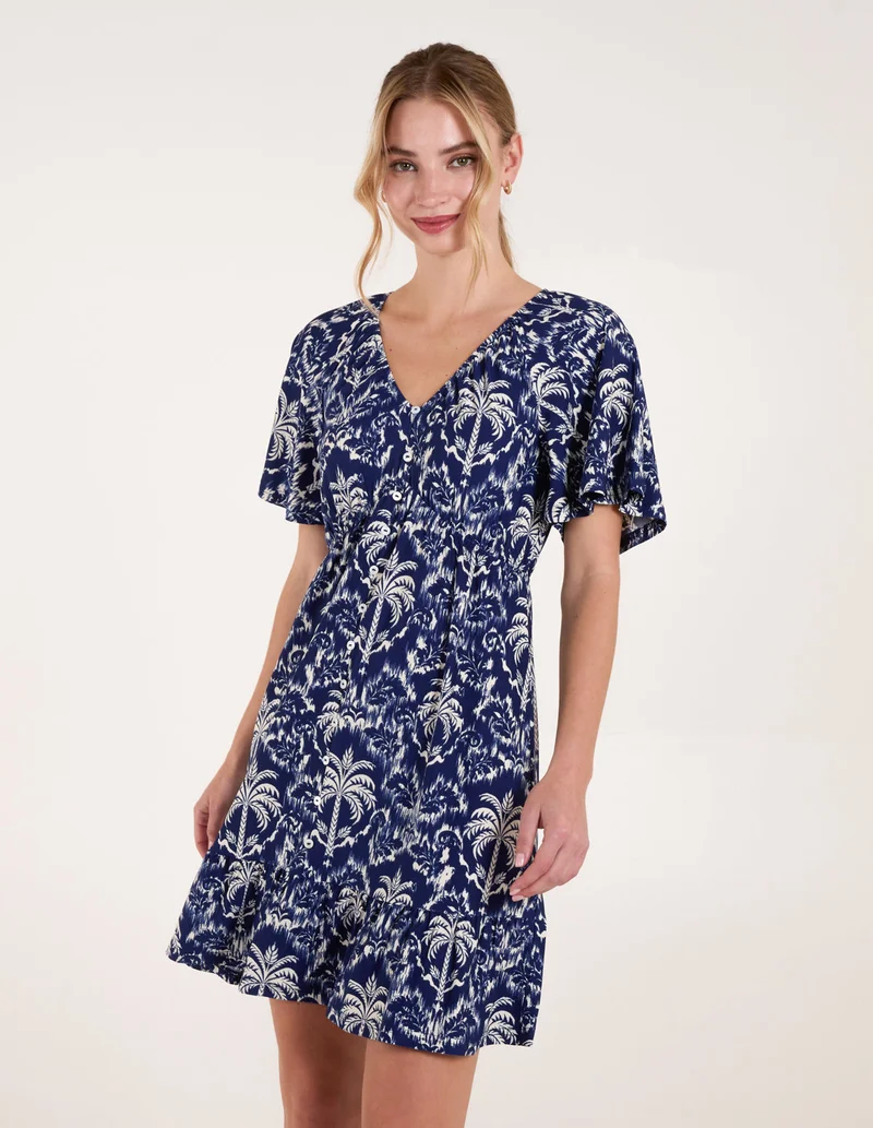 Blue Vanilla Button Through Elastic Waist Tropical Mini Dress