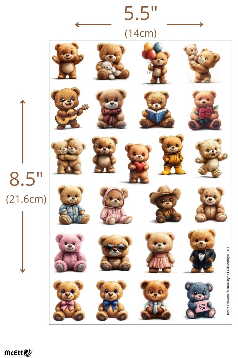McEtt Teddy Bear Sticker Sheets â€“ Cute Illustrated Teddy Bear Designs, Aesthetic Plush Animal Art â€“ 5 Sheet Pack (125 Pieces) - Image 5