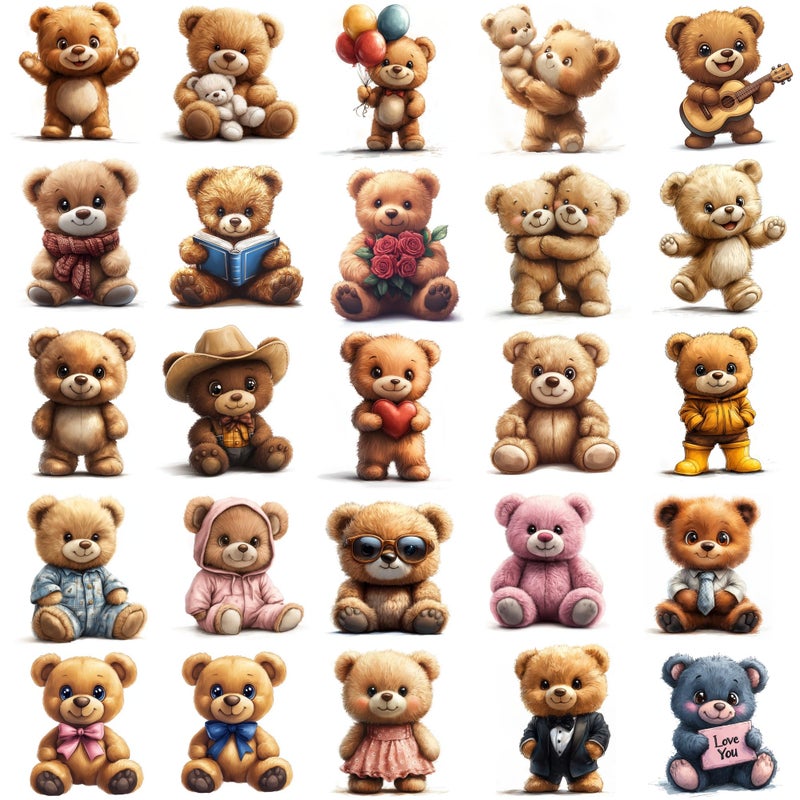 McEtt Teddy Bear Sticker Sheets â€“ Cute Illustrated Teddy Bear Designs, Aesthetic Plush Animal Art â€“ 5 Sheet Pack (125 Pieces) - Image 1