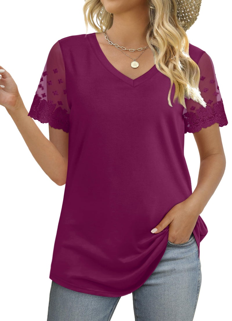 OFEEFAN Trendy Clothes for Women Fashion Trendy Shirts Cute V Neck T Shirts Mauve 2XL - Image 3